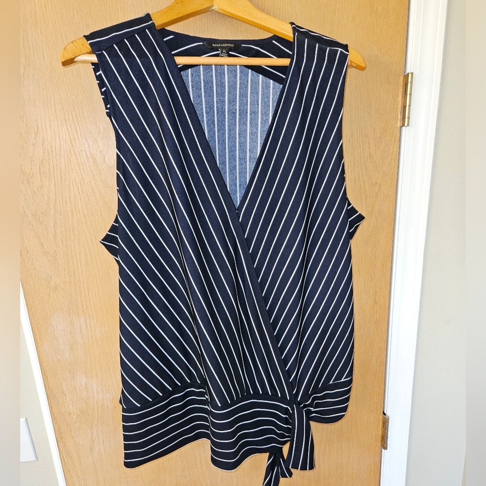 Banana Republic Blue and White Sleeveless Wrap Blouse
